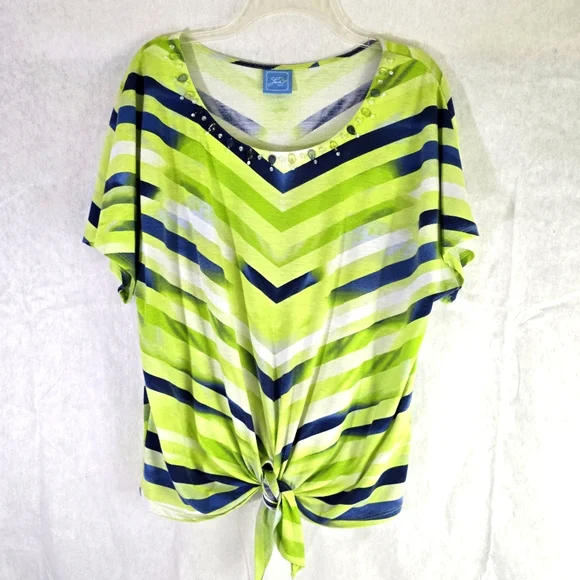 Lark Lane Women Size XL Top Woman Stripes Colorful Stretchy Beaded Pullover - Picture 2 of 11